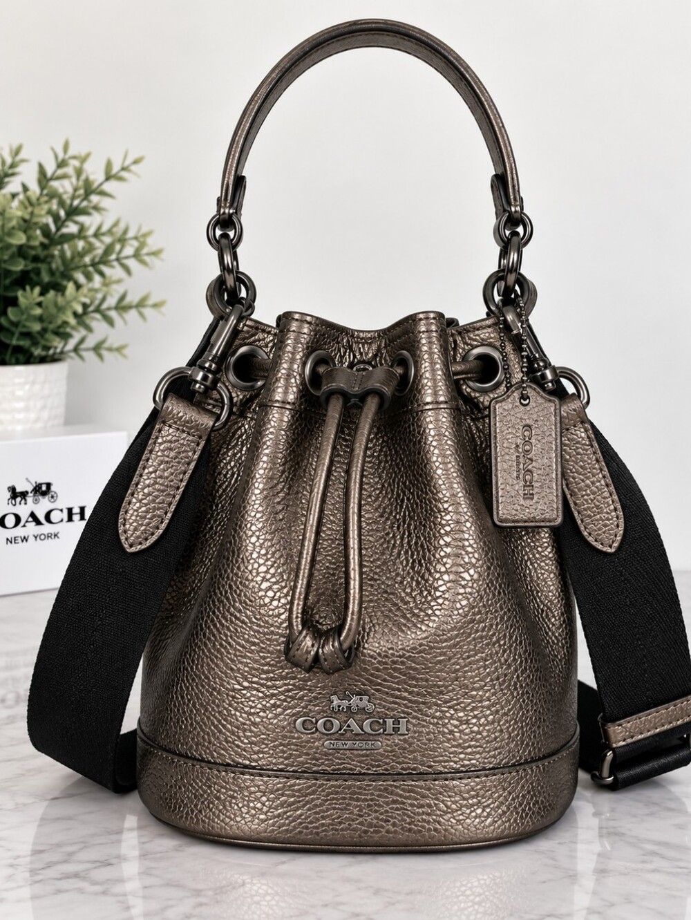 Coach Mini Metallic Pebbled Leather Mini Drawstring Bucket Bag - Bronze